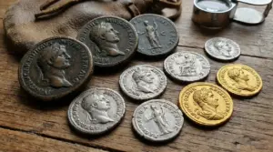 Monete romane antiche in bronzo, argento e oro su tavolo di legno, con lente d’ingrandimento e sacchetto