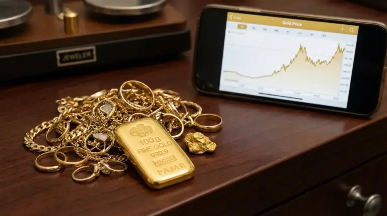 Lingotto d'oro da 100 grammi e gioielli su un tavolo vicino a uno smartphone con grafico del prezzo dell'oro