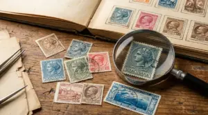 Francobolli d’epoca su tavolo con album aperto e lente d’ingrandimento per valutarne rarità e stato