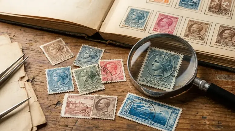 Francobolli d’epoca su tavolo con album aperto e lente d’ingrandimento per valutarne rarità e stato