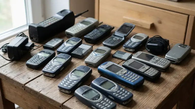 Vecchi telefoni cellulari disposti su un tavolo di legno accanto a un caricabatterie