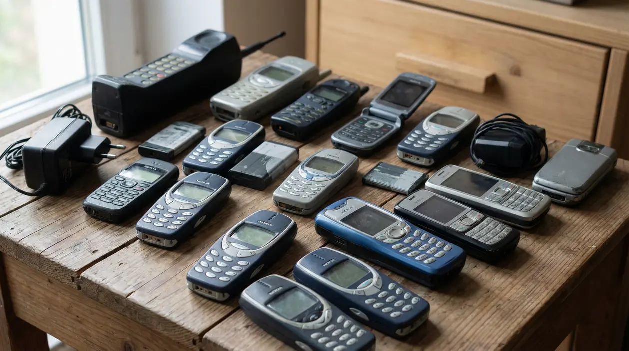 Vecchi telefoni cellulari disposti su un tavolo di legno accanto a un caricabatterie