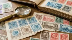 Lente d’ingrandimento e vecchi francobolli italiani su un tavolo, con album di collezione aperto