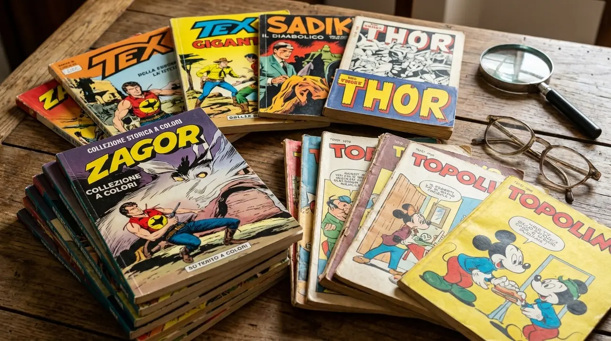 Pile di vecchi fumetti d’epoca su un tavolo di legno con lente d’ingrandimento e occhiali