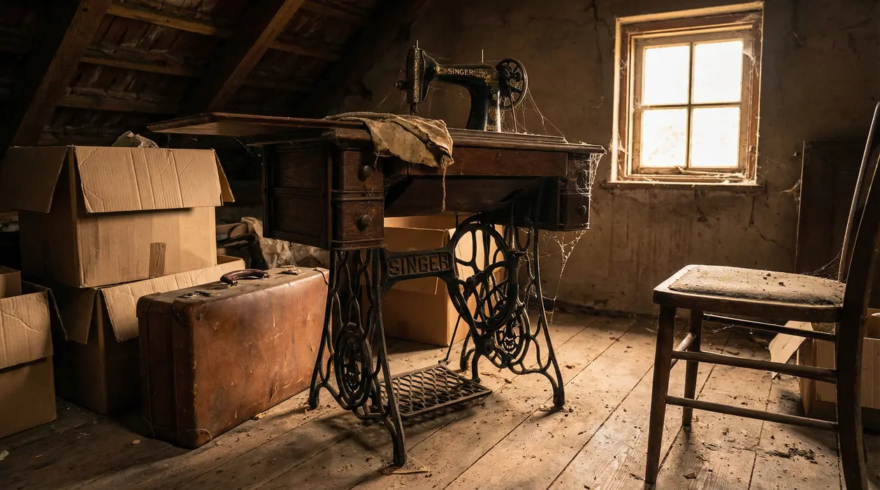 Vecchia macchina da cucire Singer con ragnatele in una soffitta polverosa