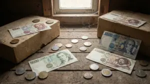 Vecchie banconote e monete italiane in lire disposte su un tavolo in legno vicino a una finestra.