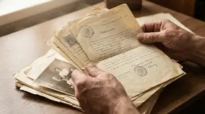 Mani di una persona che sfogliano vecchi documenti e fotografie, possibili polizze vita dimenticate