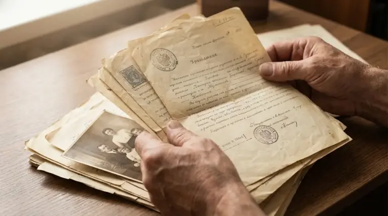 Mani di una persona che sfogliano vecchi documenti e fotografie, possibili polizze vita dimenticate