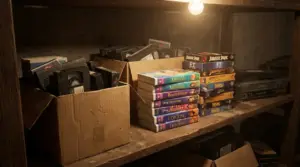 Scatole e pile di videocassette VHS su uno scaffale in cantina, accanto a un videoregistratore sotto una lampadina