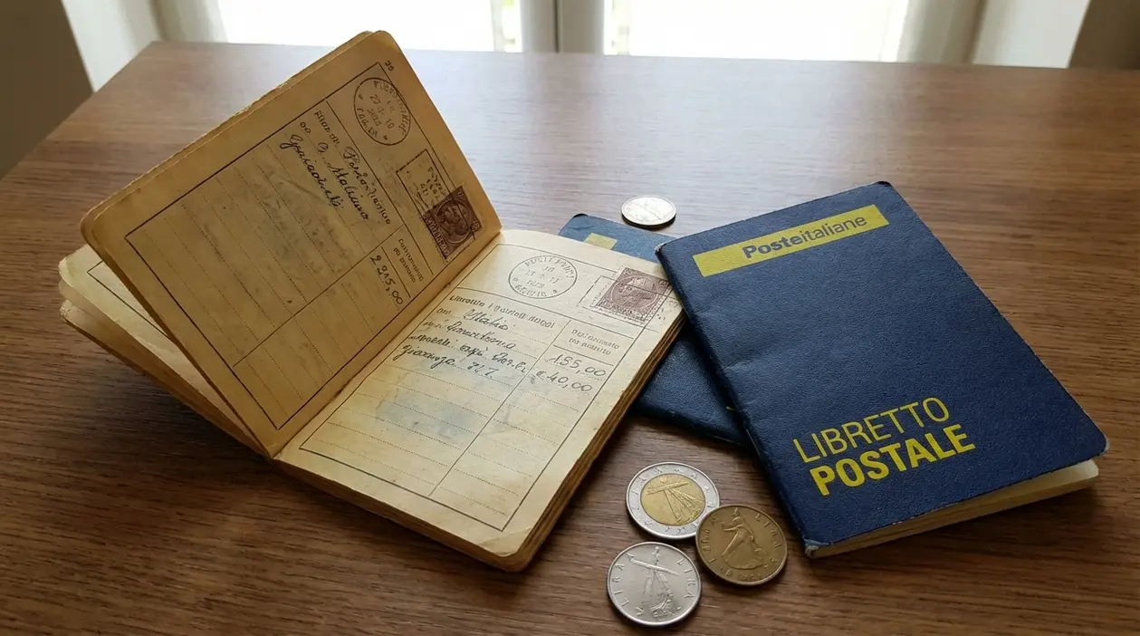 Vecchio libretto postale aperto con timbri e scritte, accanto a un libretto blu di Poste Italiane e alcune monete