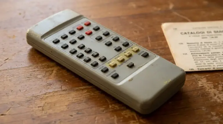 Vecchio telecomando TV anni ’80 o ’90 appoggiato su un tavolo di legno