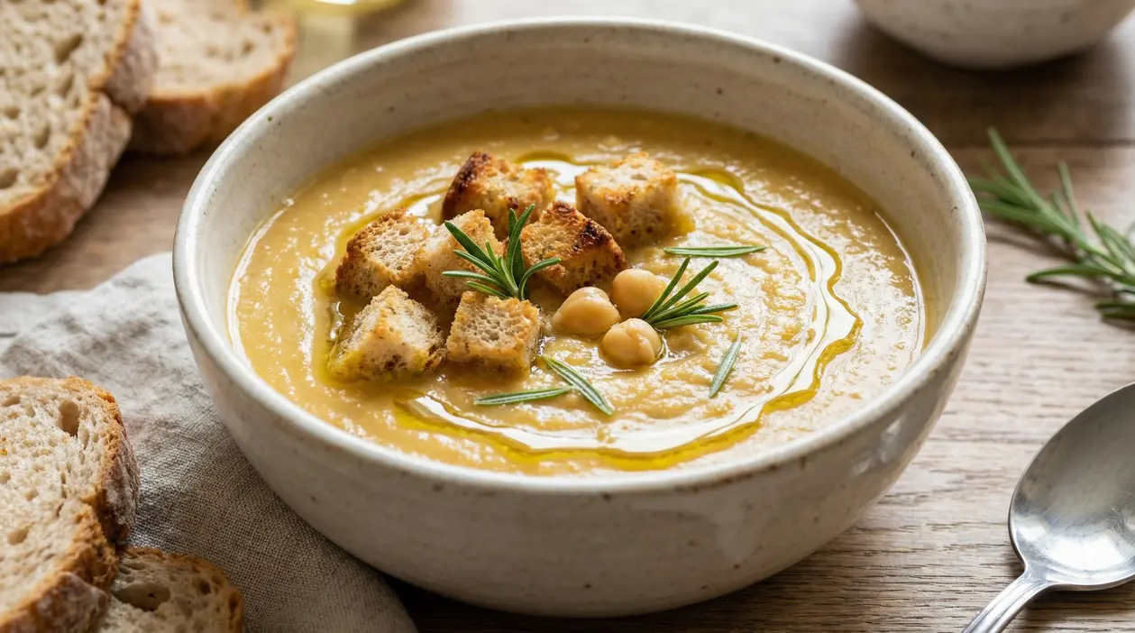Vellutata di ceci servita in una ciotola con crostini, rosmarino e un filo d'olio d'oliva