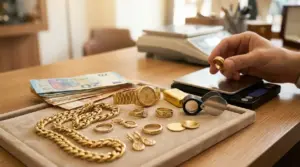 Gioielli d’oro e contanti su un banco con bilancia e lente, durante una valutazione al compro oro