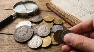 Monete da collezione su tavolo con lente d’ingrandimento e mano che valuta alcune monete