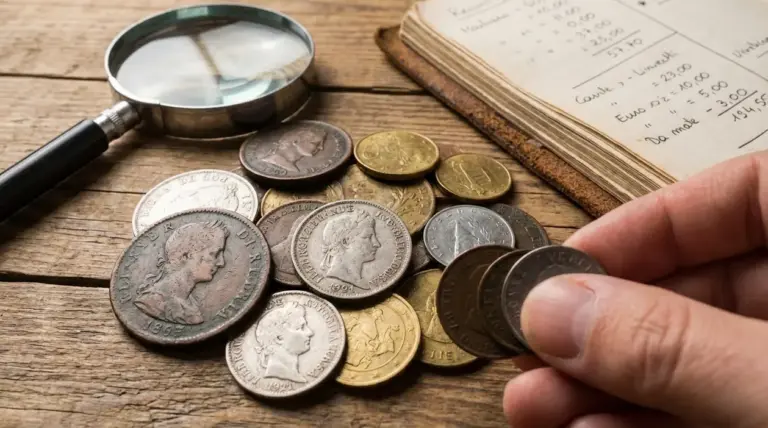 Monete da collezione su tavolo con lente d’ingrandimento e mano che valuta alcune monete