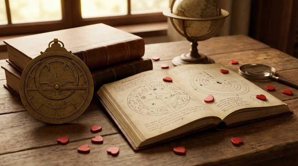 Tavolo con libri, strumenti astrologici e cuori decorativi in legno