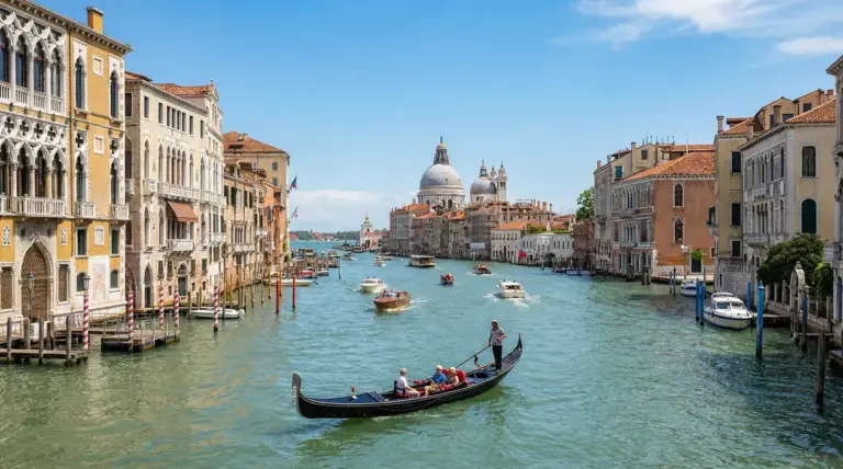 Gondola e barche sul Canal Grande con vista sulla Basilica di Santa Maria della Salute a Venezia
