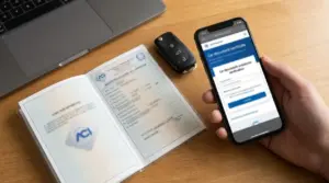 Mano con smartphone che consulta una pagina di verifica online, accanto a libretto auto, chiavi e laptop su un tavolo