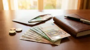 Banconote e monete in euro su un tavolo accanto a un taccuino e una busta, tema versamenti in banca