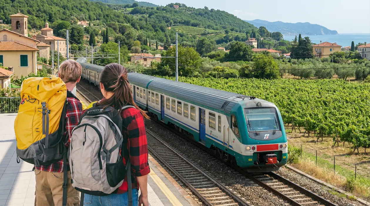 Due persone con zaini attendono un treno regionale in una stazione rurale in Italia