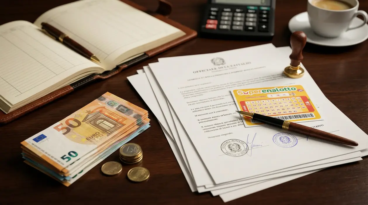 Documenti notarili con una ricevuta del Superenalotto, banconote in euro e monete su una scrivania