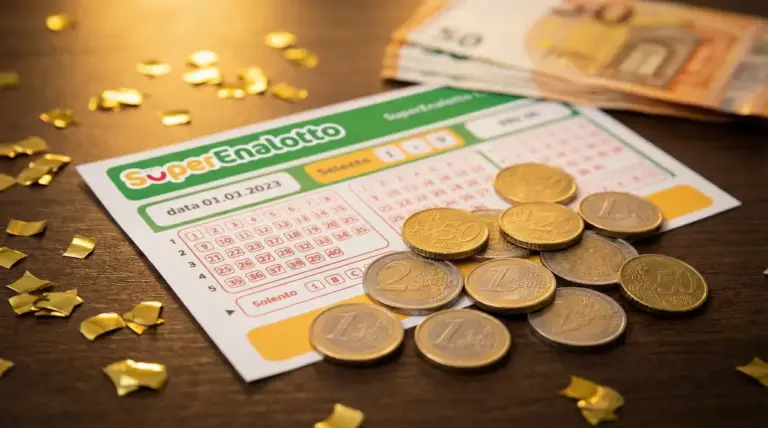 Schedina del Superenalotto su un tavolo con monete in euro e coriandoli dorati