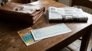 Gratta e vinci e assegno su un tavolo di legno, accanto a una valigetta e a un giornale