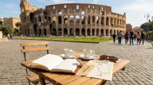 Tavolino con caffè, mappa e taccuino davanti al Colosseo in una giornata soleggiata