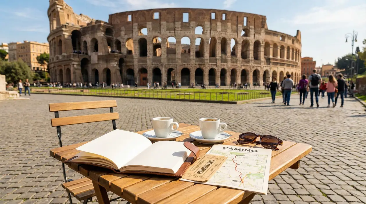 Tavolino con caffè, mappa e taccuino davanti al Colosseo in una giornata soleggiata
