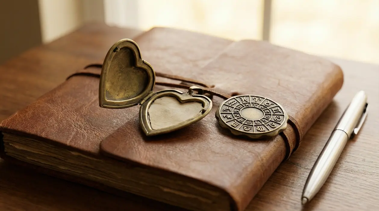 Ciondolo a forma di cuore e disco zodiacale su un taccuino in pelle con penna accanto