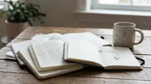 Taccuini aperti con appunti e una tazza decorata con una costellazione su un tavolo di legno