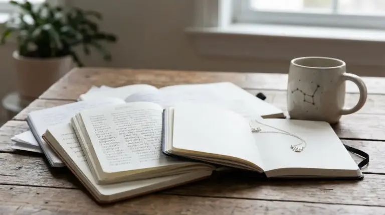 Taccuini aperti con appunti e una tazza decorata con una costellazione su un tavolo di legno