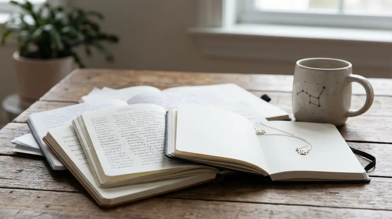 Taccuini aperti con appunti e una tazza decorata con una costellazione su un tavolo di legno