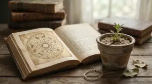 Vecchi libri aperti con simboli zodiacali e una piantina in un vaso su un tavolo di legno