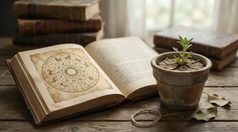 Vecchi libri aperti con simboli zodiacali e una piantina in un vaso su un tavolo di legno