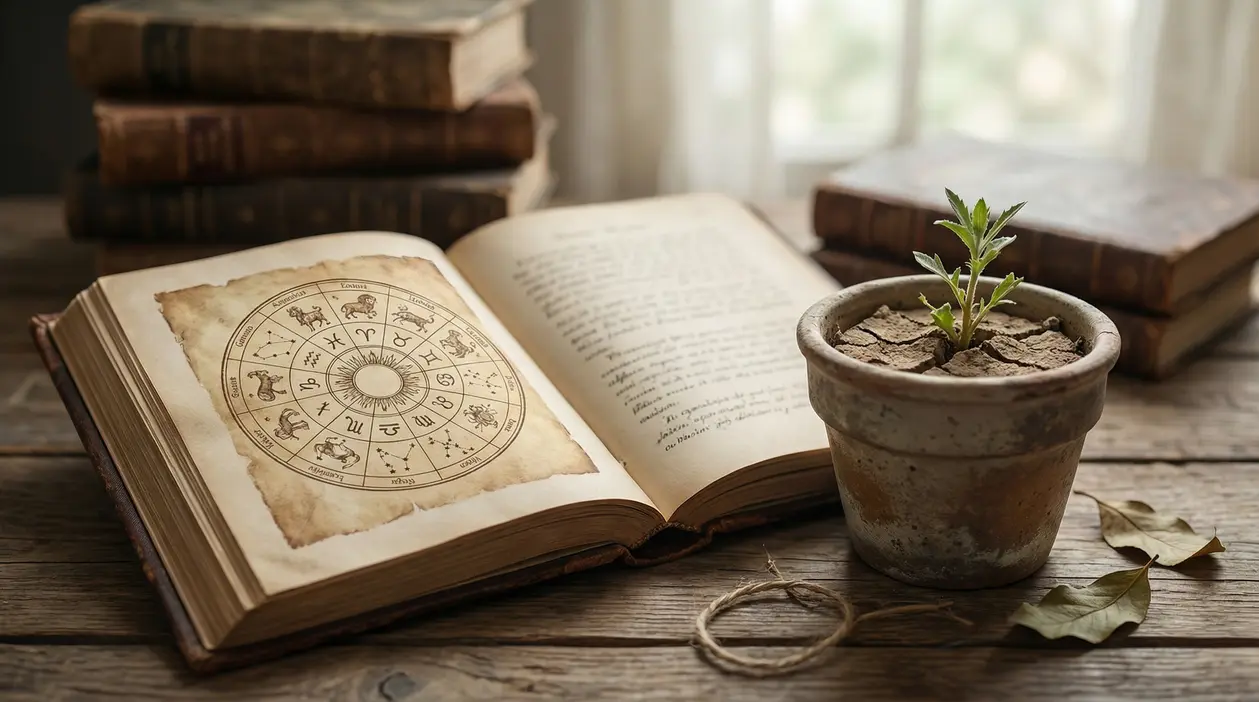Vecchi libri aperti con simboli zodiacali e una piantina in un vaso su un tavolo di legno