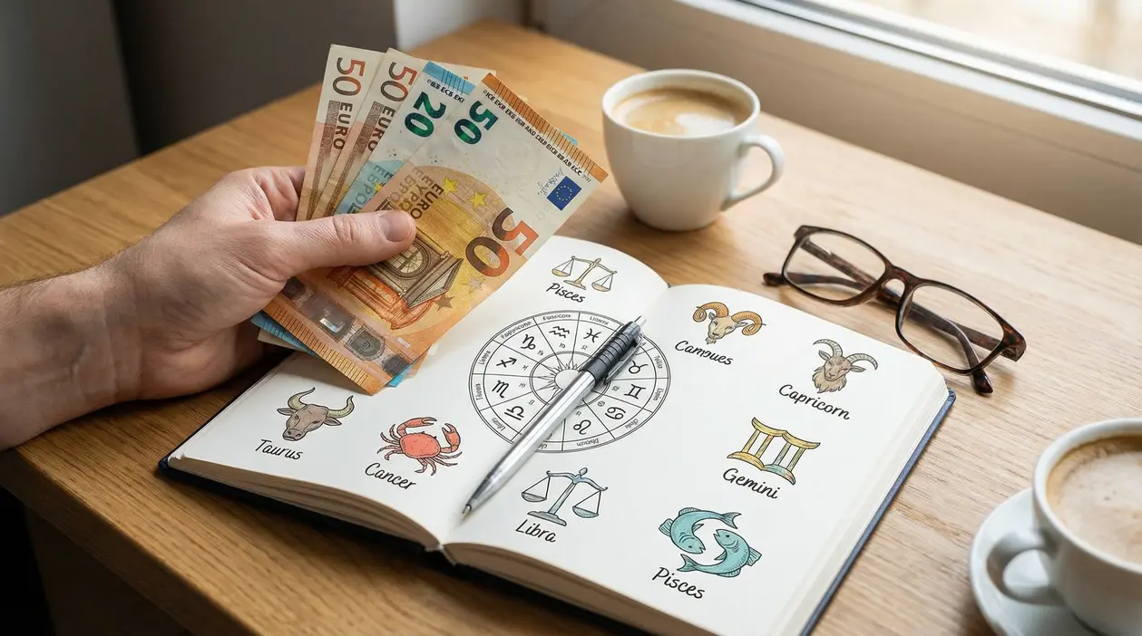 Una mano con banconote in euro sopra un'agenda con simboli zodiacali