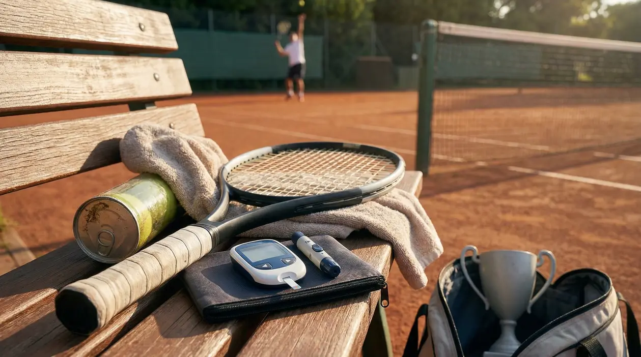 Racchetta da tennis, asciugamano e misuratore glicemico su una panchina a bordo campo
