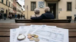 Documenti INPS e monete su un tavolo, con una coppia anziana seduta davanti a una sede INPS sullo sfondo