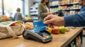 Pagamento con Carta acquisti su POS in supermercato, con frutta e spesa sul bancone