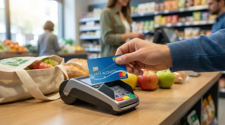Pagamento con Carta acquisti su POS in supermercato, con frutta e spesa sul bancone