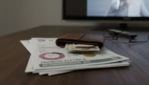 Portafoglio con banconote e monete su bollette dell’energia elettrica vicino a una TV, tema canone Rai e costi in bolletta