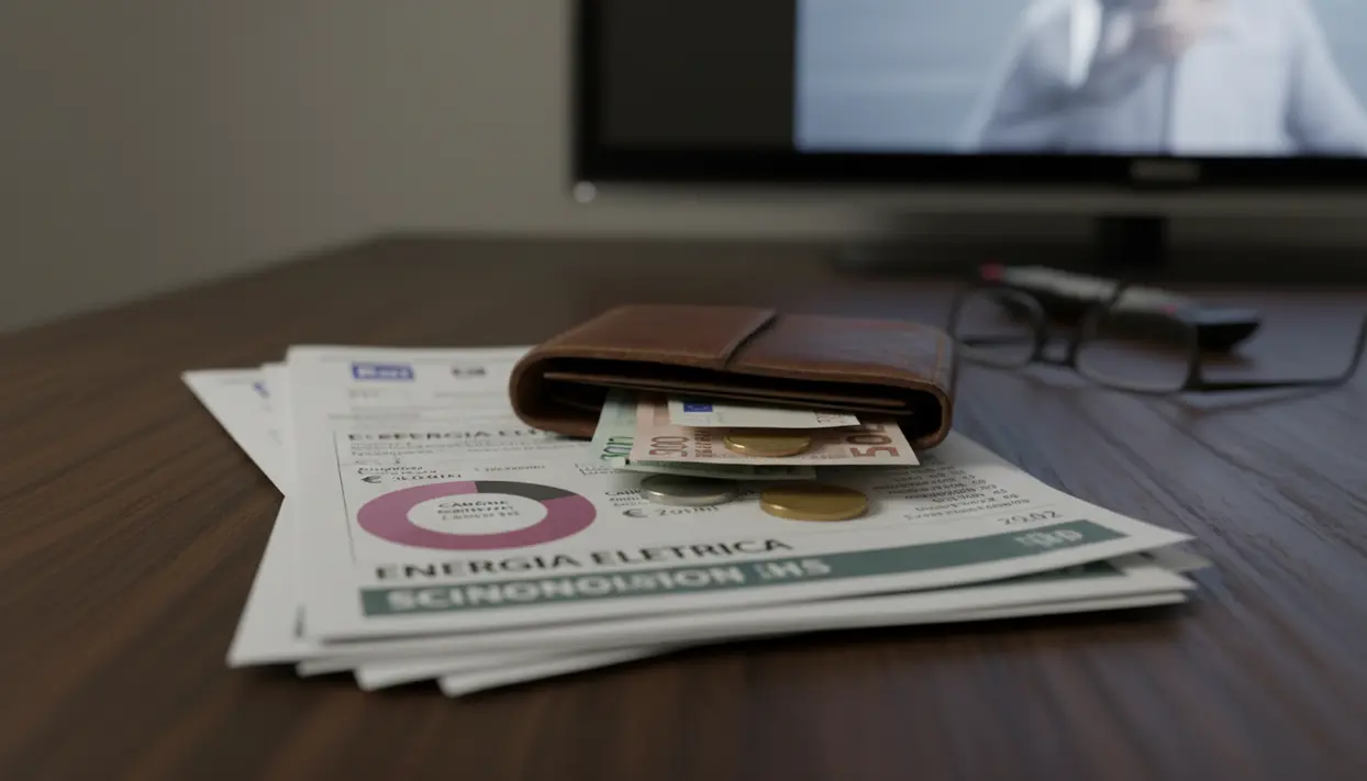 Portafoglio con banconote e monete su bollette dell’energia elettrica vicino a una TV, tema canone Rai e costi in bolletta