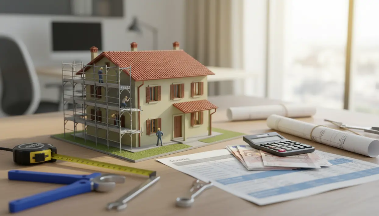 Modellino di casa in ristrutturazione con impalcatura, strumenti, calcolatrice e documenti per il bonus ristrutturazione