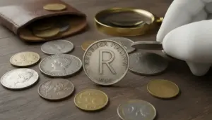 Moneta con lettera R del 1950 tra altre monete, osservata con pinzetta e guanto su tavolo in legno