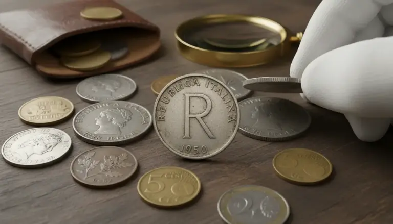 Moneta con lettera R del 1950 tra altre monete, osservata con pinzetta e guanto su tavolo in legno