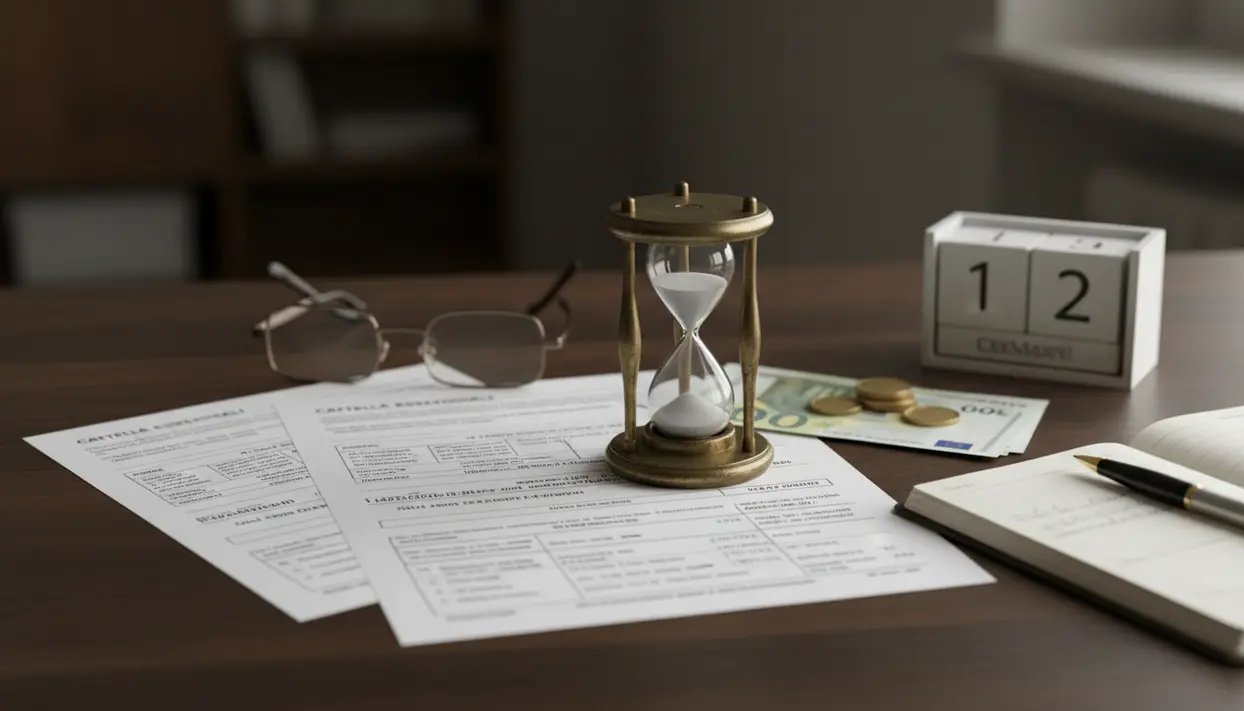 Clessidra su moduli di cartella esattoriale con calendario e banconote, simbolo dei tempi di prescrizione IMU