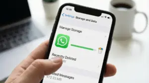 Smartphone con schermata di gestione archiviazione WhatsApp e barra di spazio occupato, tenuto in mano su una scrivania