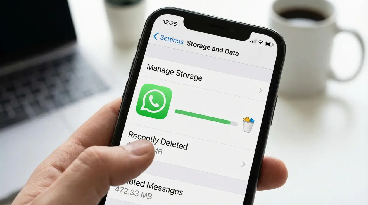 Smartphone con schermata di gestione archiviazione WhatsApp e barra di spazio occupato, tenuto in mano su una scrivania