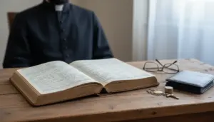 Sacerdote seduto a un tavolo con registro aperto, portafoglio, monete e occhiali, tema stipendio mensile del prete